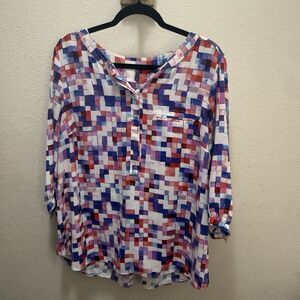 NYD Women Top Blouse Shirt Size XL Multi Color Geometric 3/4 Sleeve V Neck